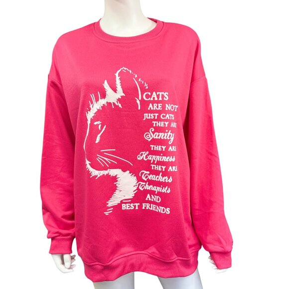 Cat Graphic Sweatshirt Womens 2XL Pink Polyester Relaxed Fit Casual Style - Picture 1 of 6